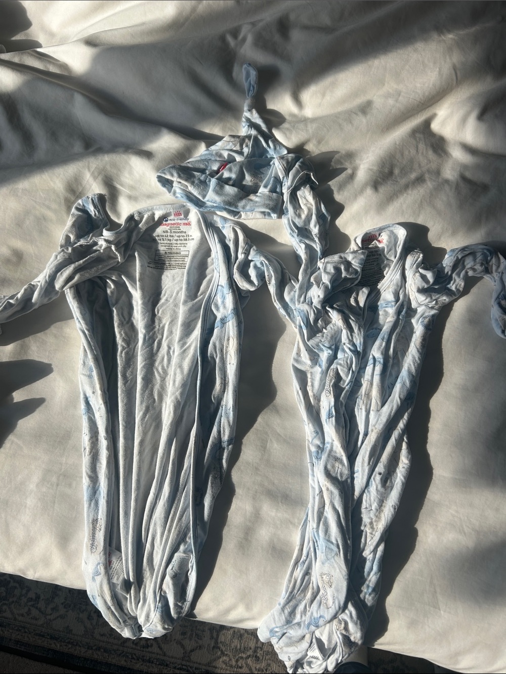 Light Blue Baby One-Piece Sleepers x2 & Cap